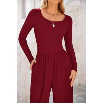 PRETTYGARDEN Women's Spring Fall Fashion One Piece Jumpsuits Dressy Casual Long Sleeve Wide Leg Ribbed Knit Rompers (Wine Red,Medium)