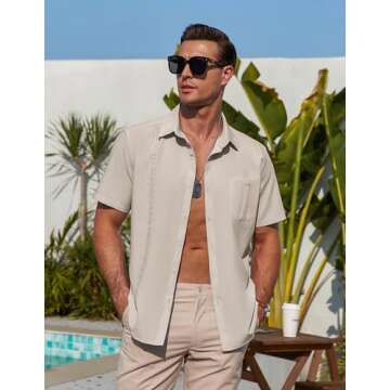 Dseipo Short Sleeve Shirts Mens Button Dowm Shirt Soft Guayabera Shirts with Pocket Khaki XXXL