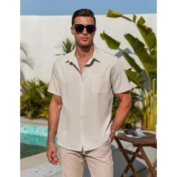 Dseipo Short Sleeve Shirts Mens Button Dowm Shirt Soft Guayabera Shirts with Pocket Khaki XXXL