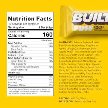 BUILT Puffs Protein Bars, S'mores Chunk Puff, High Protein Bars, 15g High Protein Snacks, On-The-Go Bars, only 160 Calories, 9g Sugar, Collagen, Not Gluten Free, 12 Count