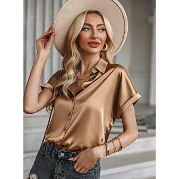 Zeagoo Silk Button Down Shirts for Women Casual Short Sleeve Shirts Satin Blouse Light Coffee