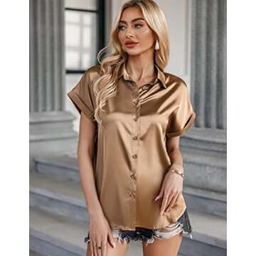 Zeagoo Silk Button Down Shirts for Women Casual Short Sleeve Shirts Satin Blouse Light Coffee
