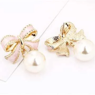 Gold Bow Earrings for Women Gold Silver Bow Drop Dangle Earrings Pearl Bow Earrings Ribbon Stud Earrings Party Christmas Holiday Jewelry Gifts