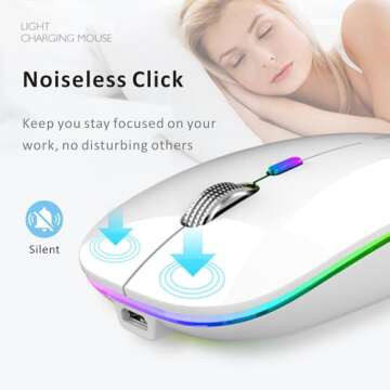 Uiosmuph LED Wireless Silent Mouse, G12 Slim Rechargeable, 2.4G Portable USB Optical Wireless Computer Mice with USB Receiver and Type C Adapter (White)