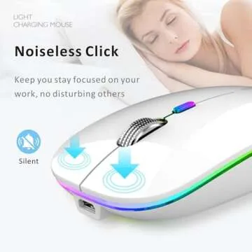 Uiosmuph LED Wireless Silent Mouse, G12 Slim Rechargeable, 2.4G Portable USB Optical Wireless Computer Mice with USB Receiver and Type C Adapter (White)