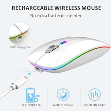 Uiosmuph LED Wireless Silent Mouse, G12 Slim Rechargeable, 2.4G Portable USB Optical Wireless Computer Mice with USB Receiver and Type C Adapter (White)