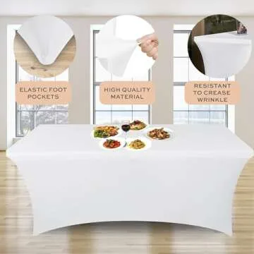Stretch Spandex Table Covers 6FT, Pack of 2 Fitted Tablecloths for Rectangle Tables, Stretchy Wrinkle Resistant Folding Table Cover, White