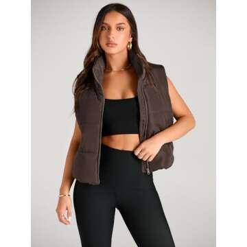 AUTOMET Puffer Vest Women Sleeveless Winter Cropped Outerwear Warm Puffer Lightweight Stand-up Collar Down with Pockets Coffee M