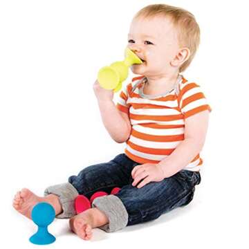 Fat Brain PipSquigz Bundle - 6 Piece Baby Rattle Suction Cup Toys, BPA-Free Sensory Toy Set with Storage Bag - Silicone Bath Toys