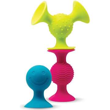 Fat Brain PipSquigz Bundle - 6 Piece Baby Rattle Suction Cup Toys, BPA-Free Sensory Toy Set with Storage Bag - Silicone Bath Toys