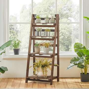 Yaheetech Wooden Foldable Ladder Shelf 4-Tier Magazine Holder Book Rack Plant Stand Folding Flower D...
