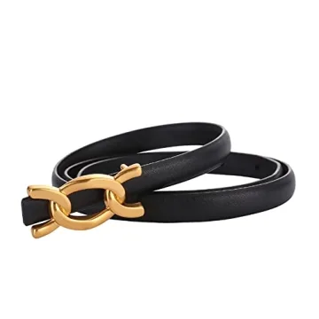 SPOMUNT Women's Thin Belts Skinny Leather Dress Belt with Gold Double C Buckle for Stylish Outfits