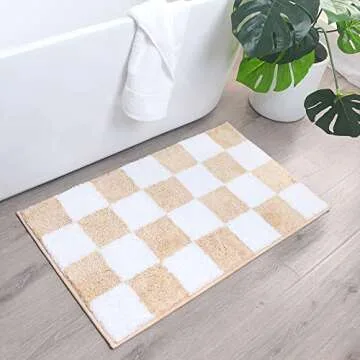 Modminzen Checkered Bath Mat for Bathroom – Checked Shower Mat Non Slip, Tufted, Microfiber, Ultra Absorbent, Fade Resistant. Great Gift Idea, Cute Bath Rug in Popular Colors