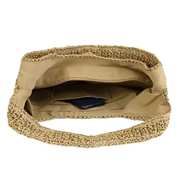 CHIC DIARY Womens Hand-woven Straw Shoulder Bag Large Summer Beach Leather Handles Handbag Tote with Zipper (#01-Khaki)
