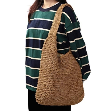 CHIC DIARY Womens Hand-woven Straw Shoulder Bag Large Summer Beach Leather Handles Handbag Tote with Zipper (#01-Khaki)