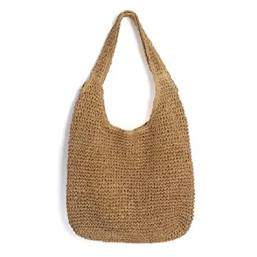 CHIC DIARY Womens Hand-woven Straw Shoulder Bag Large Summer Beach Leather Handles Handbag Tote with Zipper (#01-Khaki)