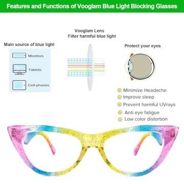 Voogueme Rainbow Cat Eye Frame Blue Light Blocking Glasses for Women Anti UV Eyestrain Eyewear Unicorn OP928770-01