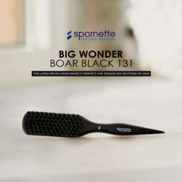 Spornette Boar Bristle Hair Brush for Women - Big Wonder Teasing Brush with Boar & Tourmaline Nylon Bristles - Tapered Handle for Back Brushing, Combing and Creating Volume & Slick Backs (Black)