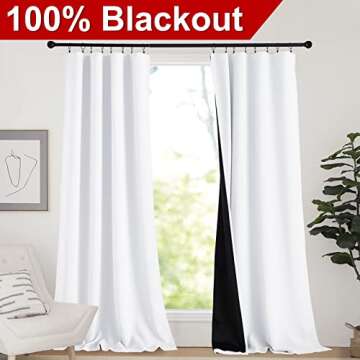 NICETOWN White 100% Truly Blackout Curtains, Rod Pocket Super Heavy-Duty Black Lined Total Darkness ...