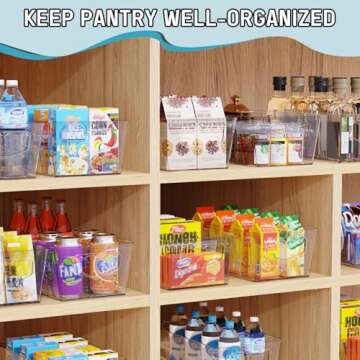 SPACEKEEPER Storage Organizer Bins 6 Pack Clear Pantry Organization and Storage Containers with Removable Dividers, Plastic Stackable Storage Bins for Cabinet, Kitchen, Fridge, Countertops