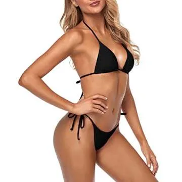 Tainehs Women's Sexy Halter Thong Bikini Tie Two Sides Bottom Triangle Bikini Swimsuits Black