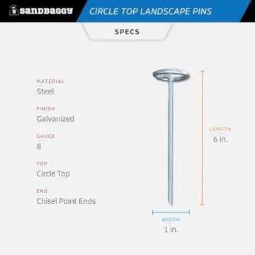 Sandbaggy 6-inch Circle Top Pins - Landscape Staples (Galvanized) - Garden Stakes for Landscaping, SOD - Heavy Duty Ground Stakes, Lawn Turf Spikes, Christmas Decorations, Weed Mats (100 Pins)
