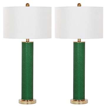 SAFAVIEH Lighting Collection Ollie Modern Contemporary Dark Green Faux Snakeskin 32-inch Bedroom Living Room Home Office Desk Nightstand Table Lamp Set of 2 (LED Bulbs Included)