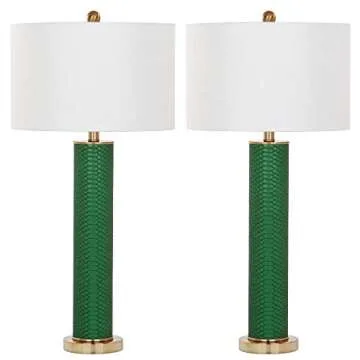 SAFAVIEH Lighting Collection Ollie Modern Contemporary Dark Green Faux Snakeskin 32-inch Bedroom Living Room Home Office Desk Nightstand Table Lamp Set of 2 (LED Bulbs Included)