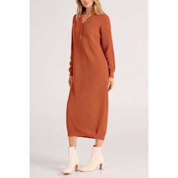 PRETTYGARDEN Women's 2024 Fall Knit Sweater Dress Long Sleeve Button V Neck Loose Casual Maxi Dresses (Orange,X-Large)