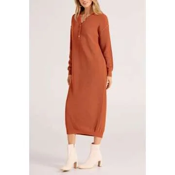 PRETTYGARDEN Women's 2024 Fall Knit Sweater Dress Long Sleeve Button V Neck Loose Casual Maxi Dresses (Orange,X-Large)