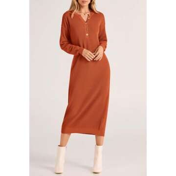 PRETTYGARDEN Women's 2024 Fall Knit Sweater Dress Long Sleeve Button V Neck Loose Casual Maxi Dresses (Orange,X-Large)