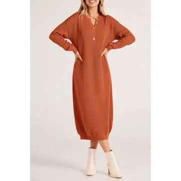 PRETTYGARDEN Women's 2024 Fall Knit Sweater Dress Long Sleeve Button V Neck Loose Casual Maxi Dresses (Orange,X-Large)
