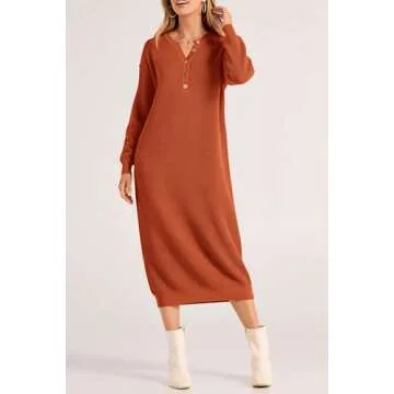 PRETTYGARDEN Women's 2024 Fall Knit Sweater Dress Long Sleeve Button V Neck Loose Casual Maxi Dresses (Orange,X-Large)
