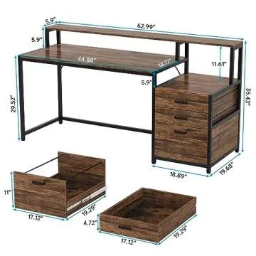 Tribesigns 63 Inch Computer Desk with File Drawer Cabinet, Ergonomic Office Desk with Monitor Stand,...