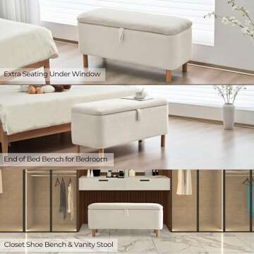 Boucle Storage Ottoman Bench for Bedroom end of Bed, Sherpa Upholstered Shoe Seat Storage Beach for Entryway Bed Foot, Rectangle Cushion Padded Blanket Chest Cute for Living Room, Off White