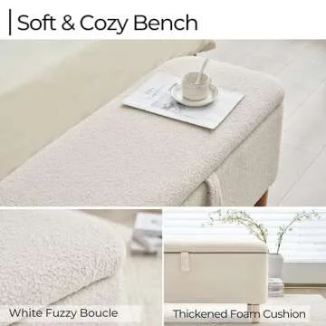Boucle Storage Ottoman Bench for Bedroom end of Bed, Sherpa Upholstered Shoe Seat Storage Beach for Entryway Bed Foot, Rectangle Cushion Padded Blanket Chest Cute for Living Room, Off White