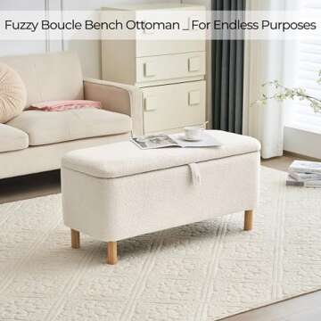 Boucle Storage Ottoman Bench for Bedroom end of Bed, Sherpa Upholstered Shoe Seat Storage Beach for Entryway Bed Foot, Rectangle Cushion Padded Blanket Chest Cute for Living Room, Off White