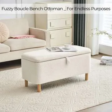 Boucle Storage Ottoman Bench for Bedroom end of Bed, Sherpa Upholstered Shoe Seat Storage Beach for Entryway Bed Foot, Rectangle Cushion Padded Blanket Chest Cute for Living Room, Off White
