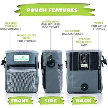 Paw Lifestyles – Dog Treat Training Pouch – Easily Carries Pet Toys, Kibble, Treats – Built-In Poop Bag Dispenser – 3 Ways To Wear – Grey