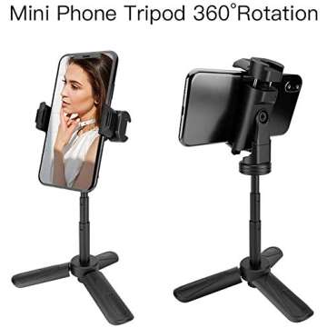 Phone Tripod, MOUNTDOG Portable Webcam Stand Mini Tripod Phone Holder, Extendable Tabletop Tripod Desktop Tripod Legs Compatible with iPhone/Camera/Samsung/Smartphone/Webcam, 360° Rotation, Black