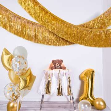 C＆B Gold Foil Fringe Garland Party Decorations, 6 Feet Gold Tinsel Metallic Glitter Banner, Hangin...