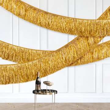 C＆B Gold Foil Fringe Garland Party Decorations, 6 Feet Gold Tinsel Metallic Glitter Banner, Hanging Gold Banner Table Skirt for Birthday Bride Bachelorette Engagement Retirement Christmas Party Decor