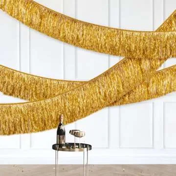 C＆B Gold Foil Fringe Garland Party Decorations, 6 Feet Gold Tinsel Metallic Glitter Banner, Hanging Gold Banner Table Skirt for Birthday Bride Bachelorette Engagement Retirement Christmas Party Decor