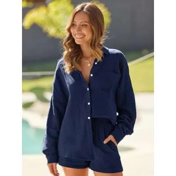 AUTOMET 2 Piece Sets For Women Lounge Wear Matching Two Piece Pajama Fashion Oversized Shirts And Shorts Spring Outfit 2025 01NavyBlue S