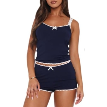 XBTCLXEBCO Women Sexy 2 Piece Pajama Set - Lace Trim Cami & Shorts Sleepwear