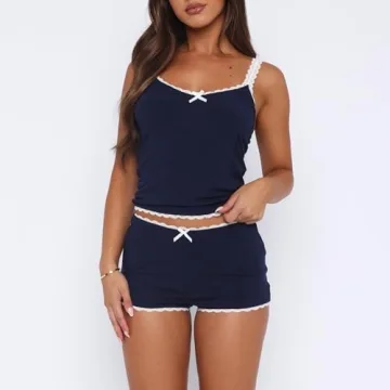 XBTCLXEBCO Women Sexy 2 Piece Pajama Set with Lace Trim