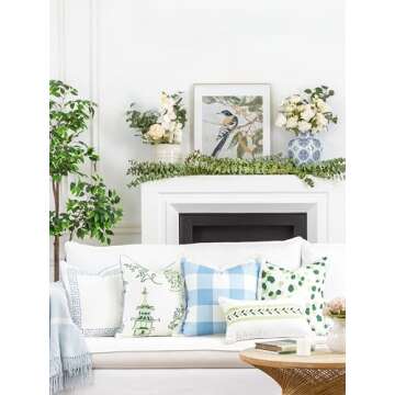 Hofdeco Premium Coastal Patio Indoor Outdoor Throw Pillow Cover Only, 20"x20" Water Repellent for Backyard, Couch, Baby Blue Plaid with Fringe