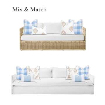 Hofdeco Premium Coastal Patio Indoor Outdoor Throw Pillow Cover Only, 20"x20" Water Repellent for Backyard, Couch, Baby Blue Plaid with Fringe