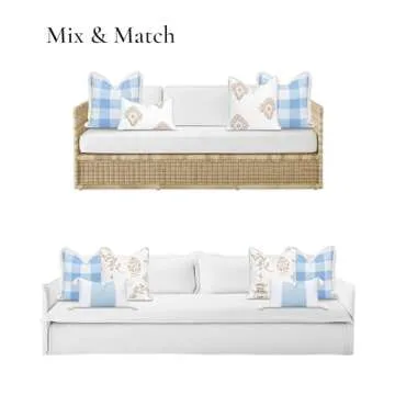 Hofdeco Premium Coastal Patio Indoor Outdoor Throw Pillow Cover Only, 20"x20" Water Repellent for Backyard, Couch, Baby Blue Plaid with Fringe