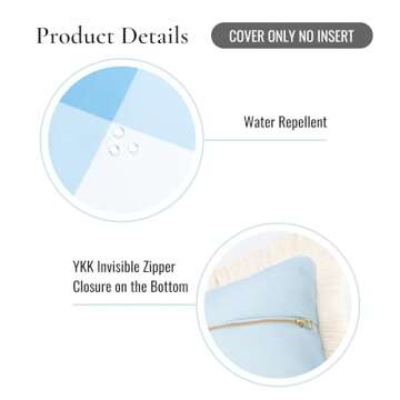 Hofdeco Premium Coastal Patio Indoor Outdoor Throw Pillow Cover Only, 20"x20" Water Repellent for Backyard, Couch, Baby Blue Plaid with Fringe